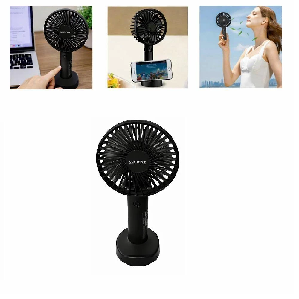 Ventilador Portátil Utibom Preto Recarregável com Suporte para Celular 3 Velocidades 5V