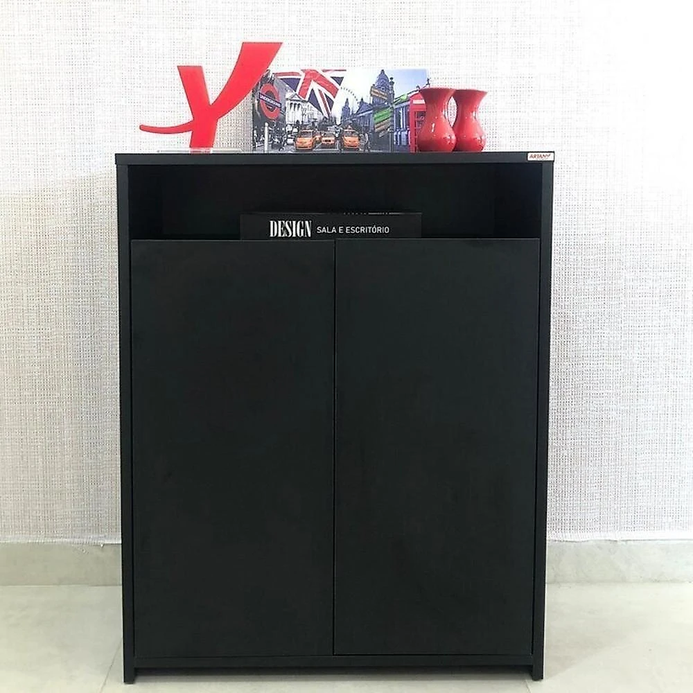 Kit 2 Peças com Mesa Redonda para Home Office ou Reuniões e Balcão Multiuso com Nicho Preto