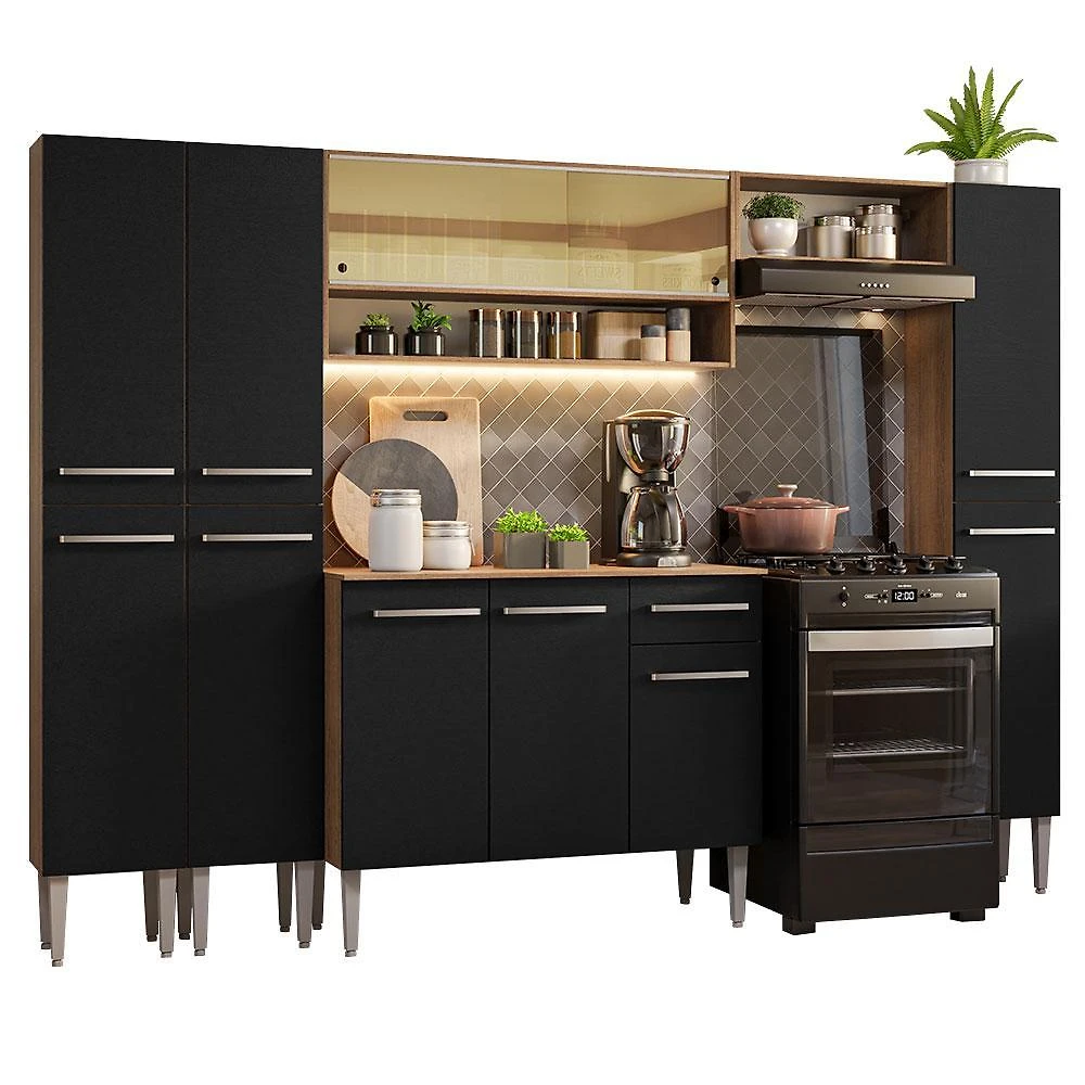 Armário de cozinha completa 261cm rustic/preto emilly madesa 04