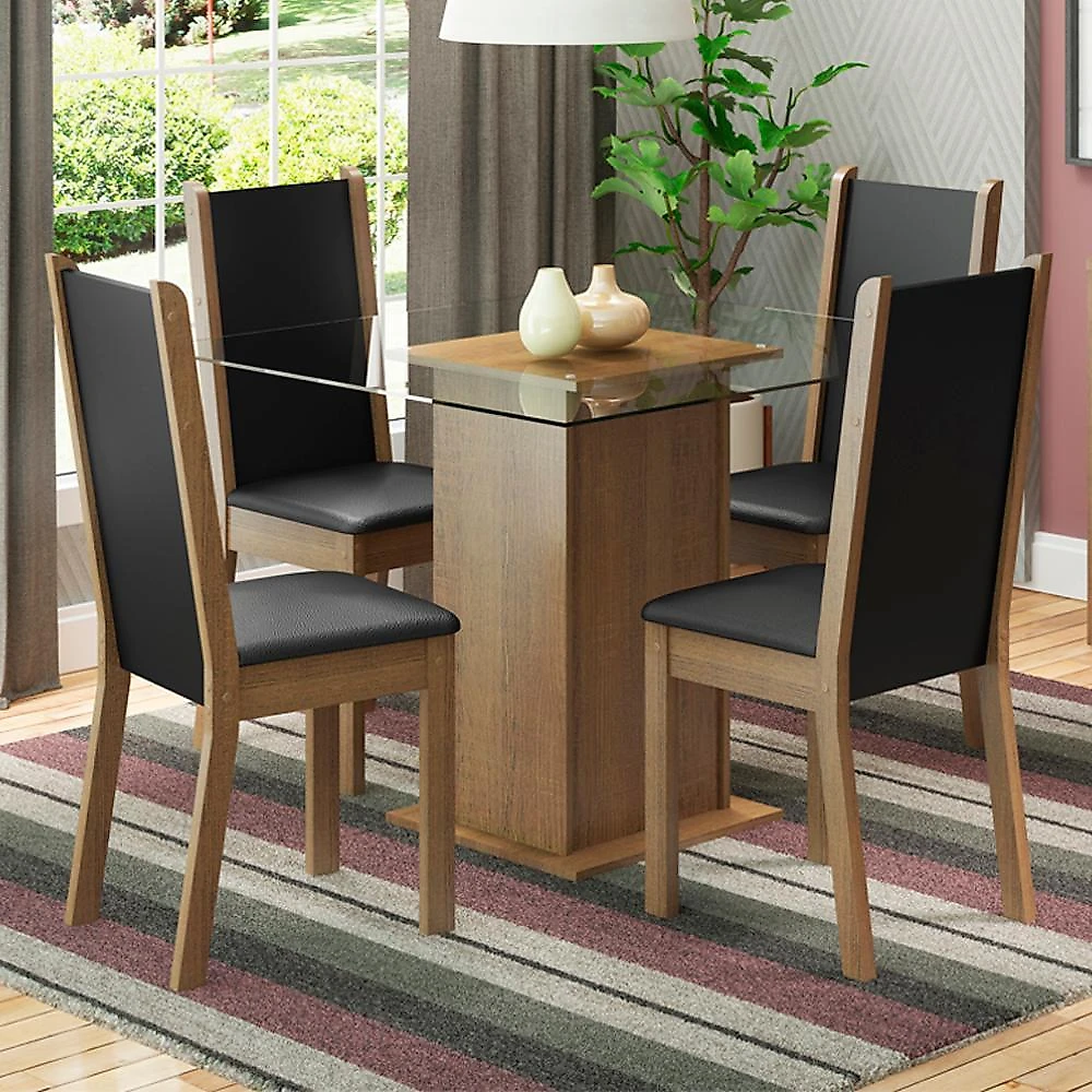 Conjunto sala de jantar madesa aline mesa tampo de vidro 4 cadeiras rustic/crema/pérola