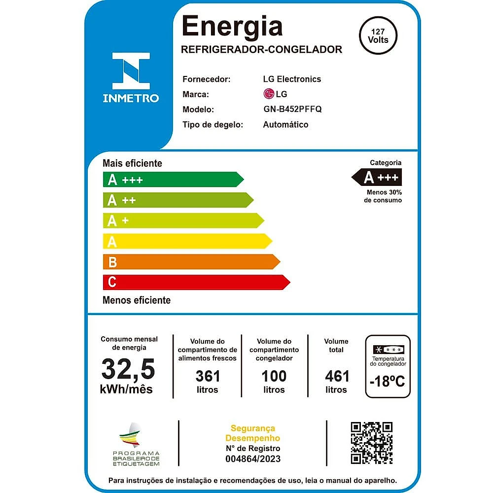 Geladeira 2 Portas, 461 Litros Frost Free  GN-B452PFF  LG Inox Look - 110V