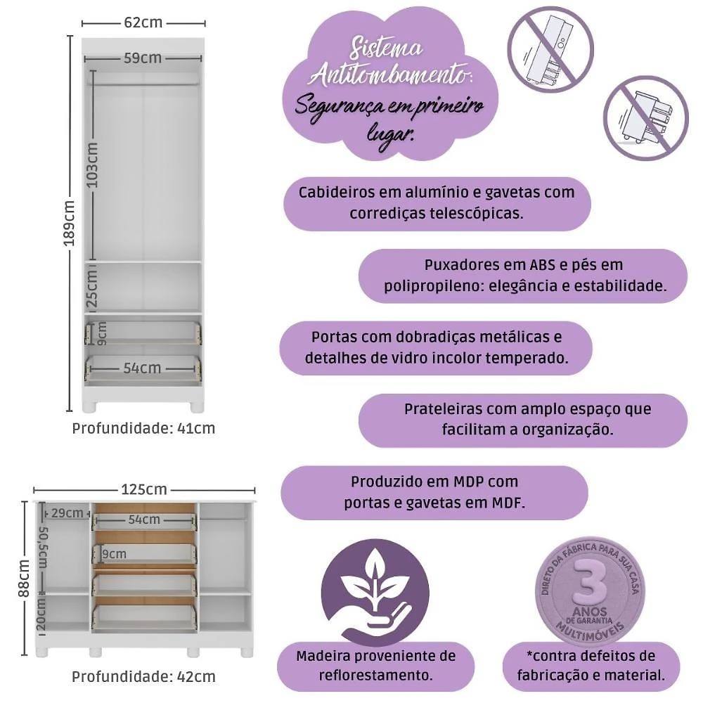Quarto De Bebê Completo Com Berço Americano 3 Em 1 Fofura Multimóveis MP4657 Branco