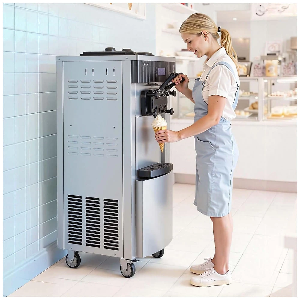 Máquina de Sorvete Soft VEVOR YKF-8228H 3 Sabores 2x6L 20-28L/H Pré-Resfriamento Auto Limpeza 2200W