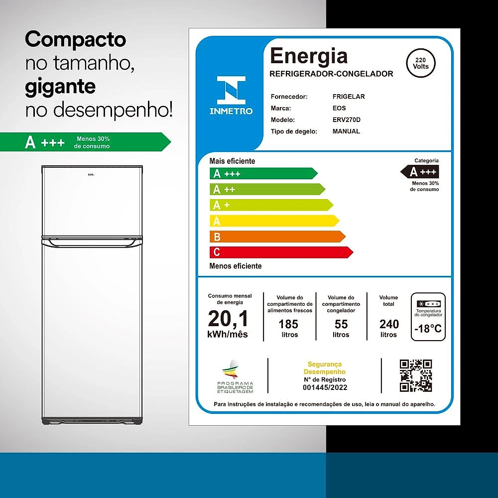 Geladeira EOS 240 Litros Duplex Inox ERV270DS 220V