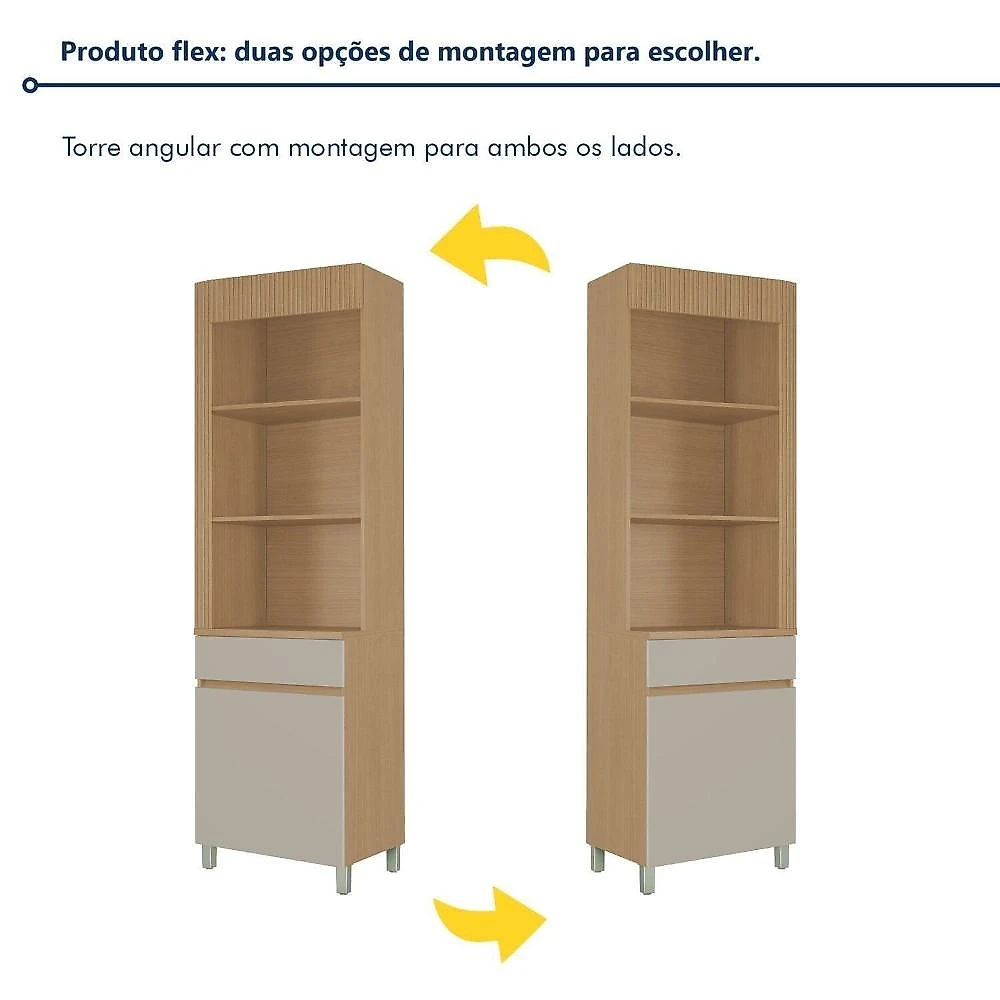 Paneleiro Torre Angular 1 Porta 1 Gaveta 65cm 100% Mdf Realeza Premium Carvalho/Greige