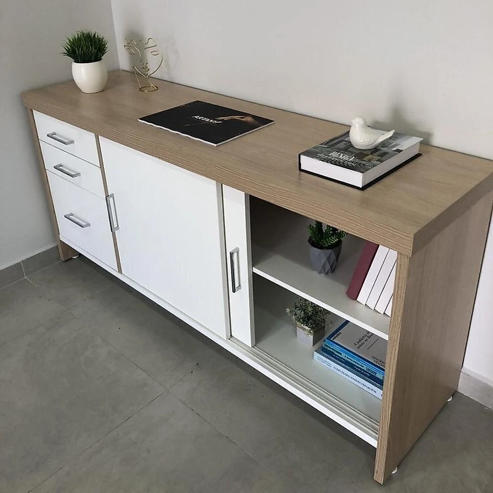 Kit 4 Peças com Mesa para Escritório Diretor em L, Armário Multiuso Alto, Armário Baixo e Balcão com Conjunto Mesa Tamburato 1400 Mesa de Apoio Balcão 2 portas Balcão com Gavetas e Armário com nicho Carvalho/Branco