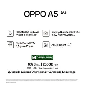 Smartphone OPPO A5 5G Tela 6.67" 256GB 8GB RAM Câmera 50MP Branco