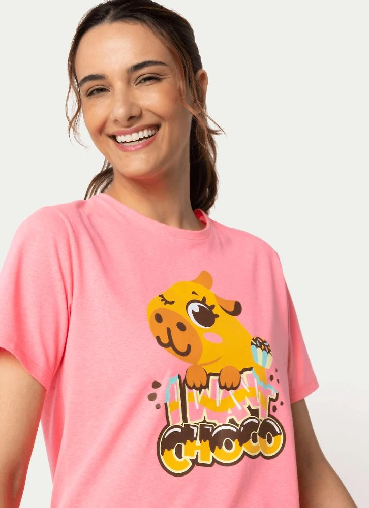 Pijama manga curta feminino capivara chocolate