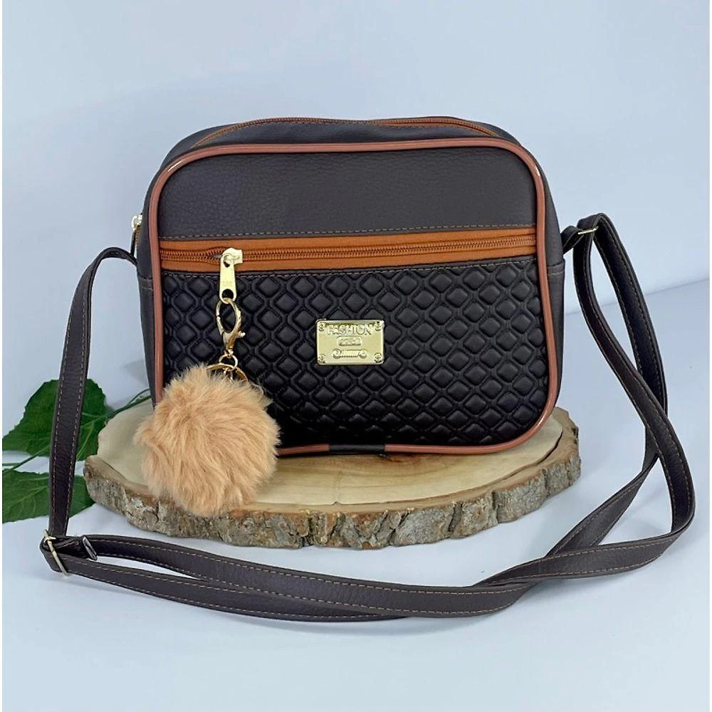 Bolsa Feminina OEM Estampa Moderna com Pompom 19x23x9 cm Marrom