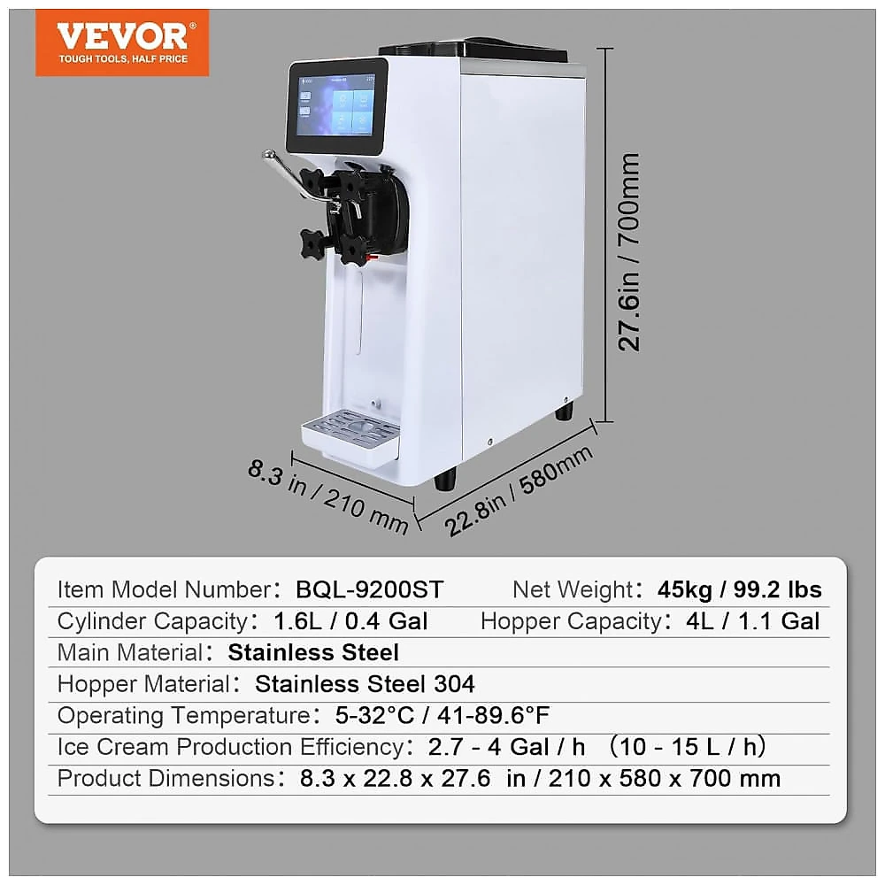 Máquina de Sorvete Soft VEVOR BQL-9200ST 4L Tela Touch Auto Limpeza Pré-Resfriamento 1000W