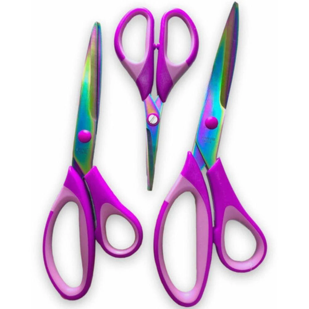 Kit de Tesoura Profissional de Titânio com Lâminas em Aço Banhado Tamanhos Diversos Roxo 3 Unidades