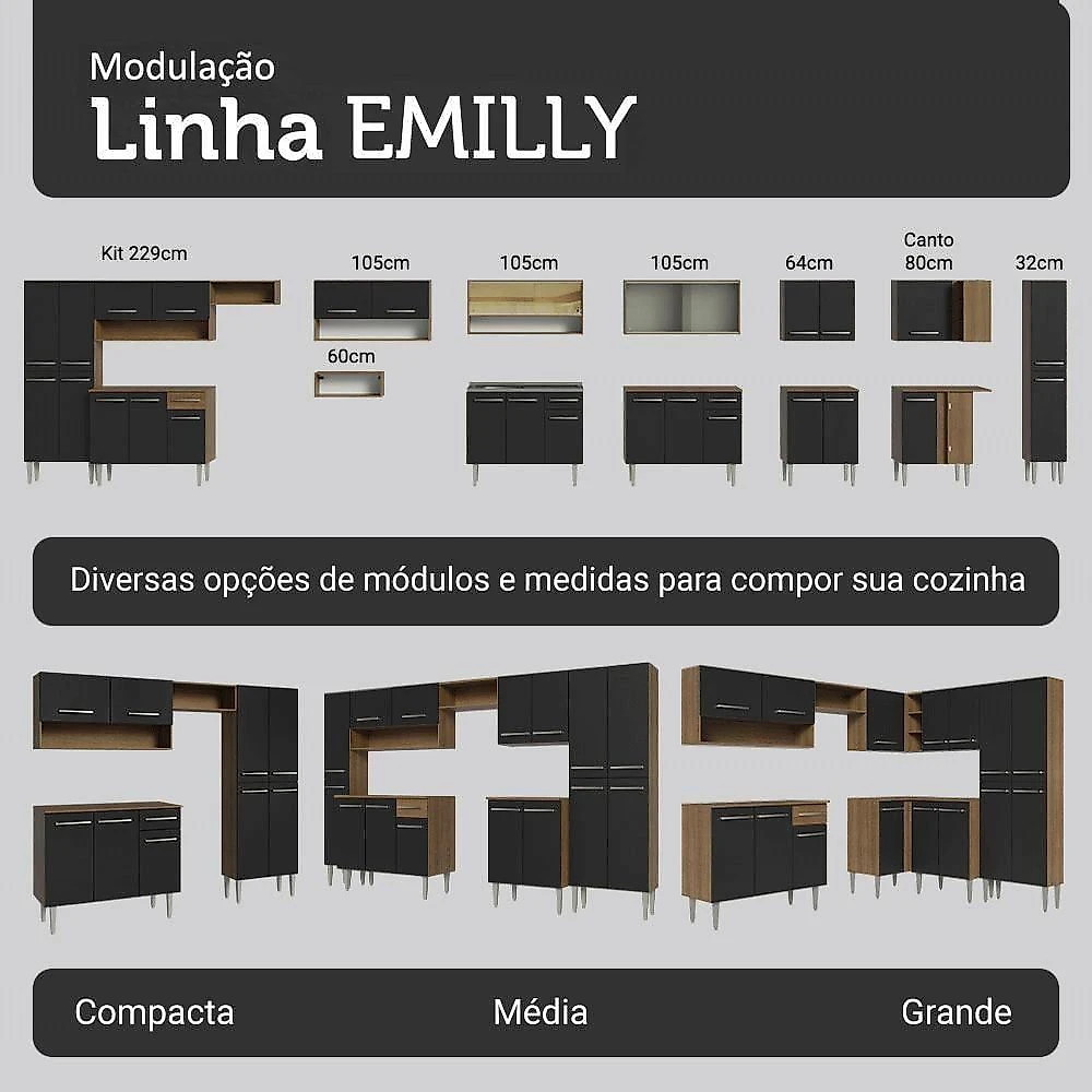 Armário De Cozinha Completa 225cm Rustic/preto Emilly Madesa 01xa Rustic/preto
