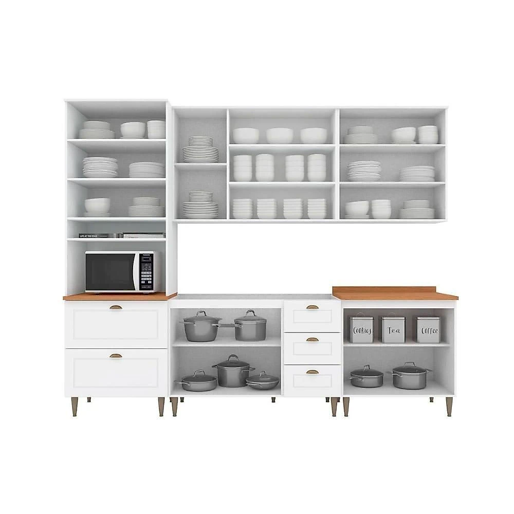 Cozinha Modulada Americana 6 Peças 2 Aéreos + 2 Balcões+ 1 Paneleiro + 1 Complemento Com Pés C5p61 Branco2 Aéreos + 1 Balcão + 1 Complemento