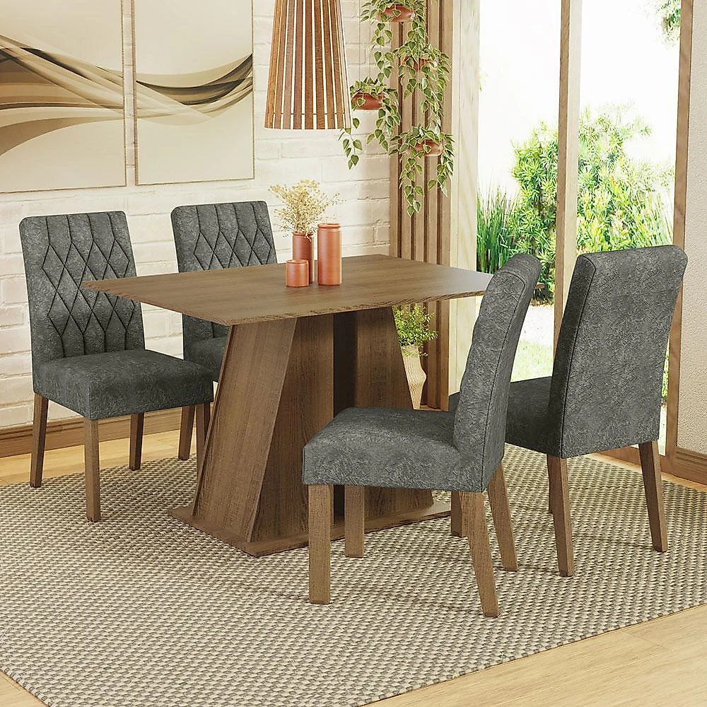 Conjunto sala de jantar mesa tampo de madeira 4 cadeiras rustic/silver gisele madesa