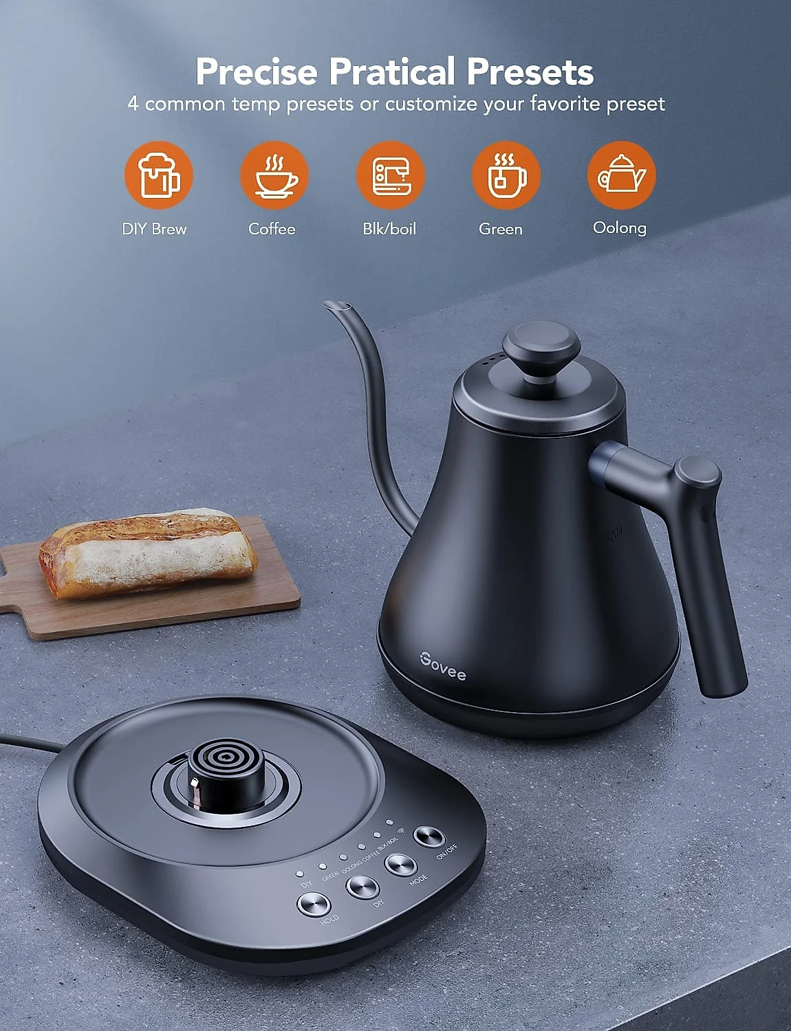 Govee Chaleira Elétrica Inteligente 800 mL com WiFi e Controle de Voz Alexa Aço Inoxidável 110V Preto