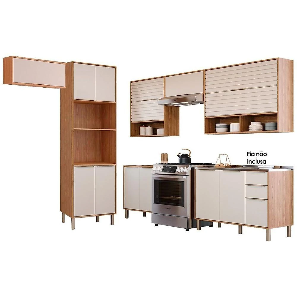 Cozinha Completa 7 Peças Esplêndida 4 Aéreos 2 Balcões 1 Torre Quente C7p183 Freijó Off White