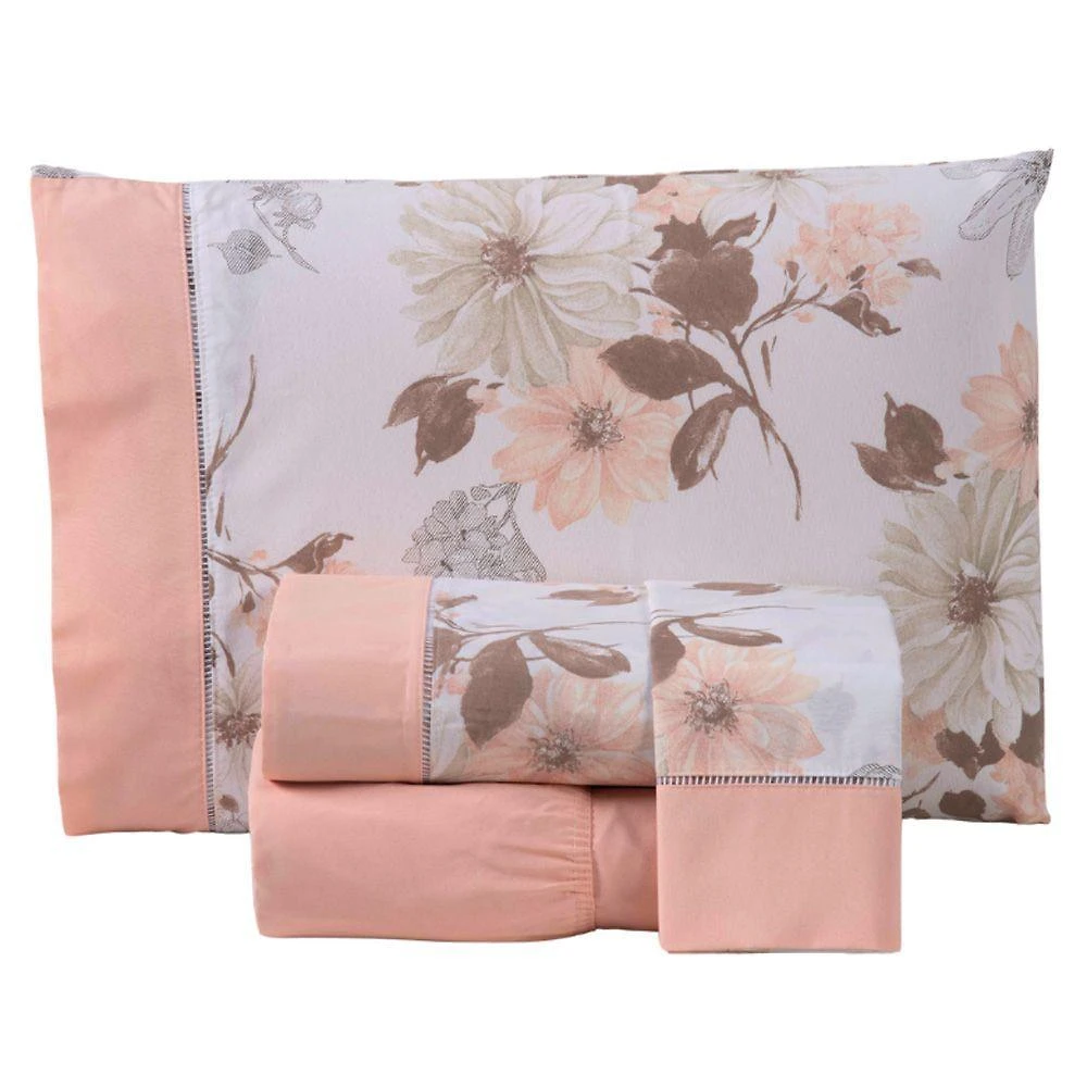 Jogo Cama Lençol Encanto Queen Estampado Percal 180 Fios C/ Ponto Palito 4 Peças - Floral - Salmão