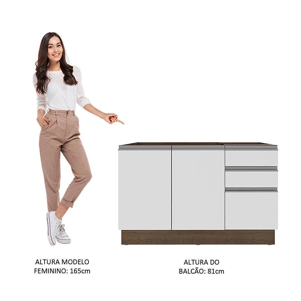 Balcão gabinete de pia armário de cozinha 2 portas e 3 gavetas glamy madesa rustic/branco