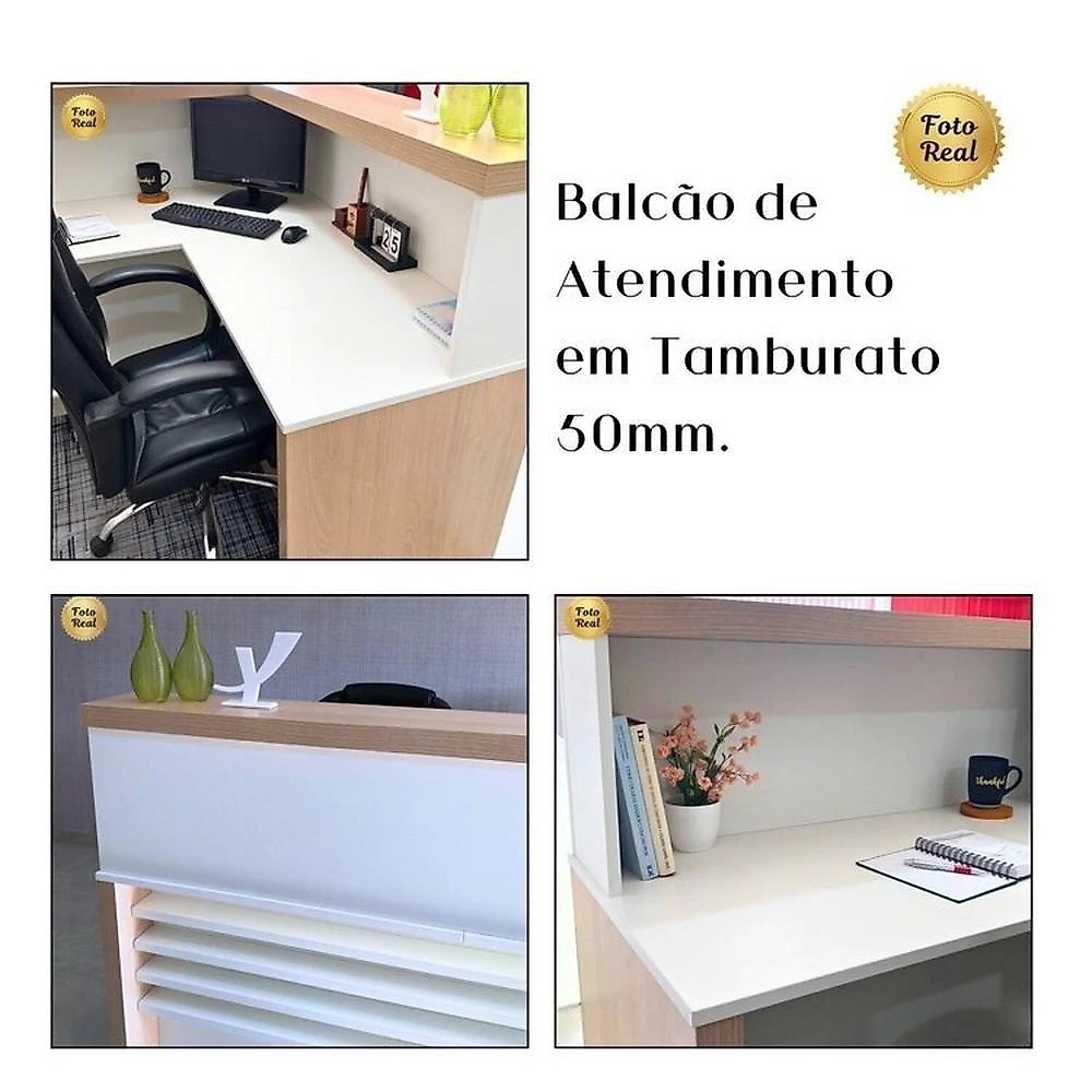 Balcão para Atendimento Recepção em L 295,4cm X 147,7cm Kit 2 Peças com Balcão de Atendimento Tamburato em L para Escritório - Elegante e Funcional Carvalho/Branco