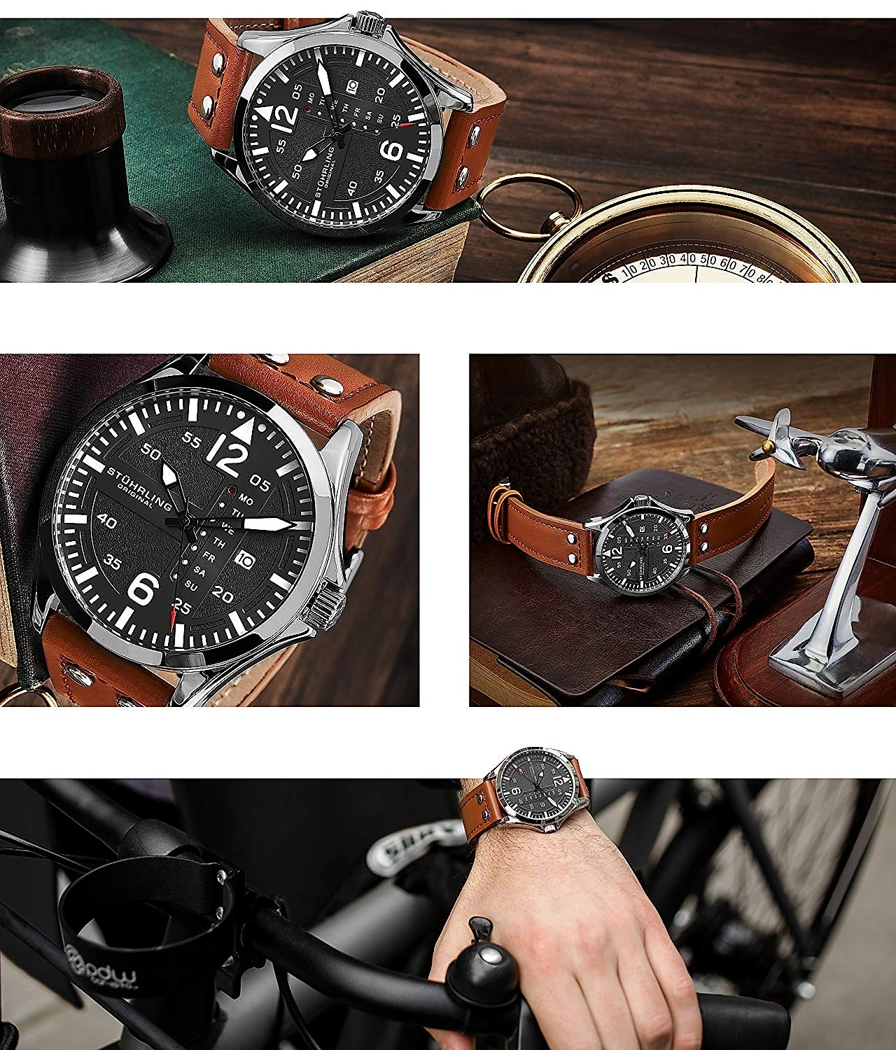 Relogio Stuhrling Original Homem Couro Aviador Couro com Rebites de Aço Esport Class