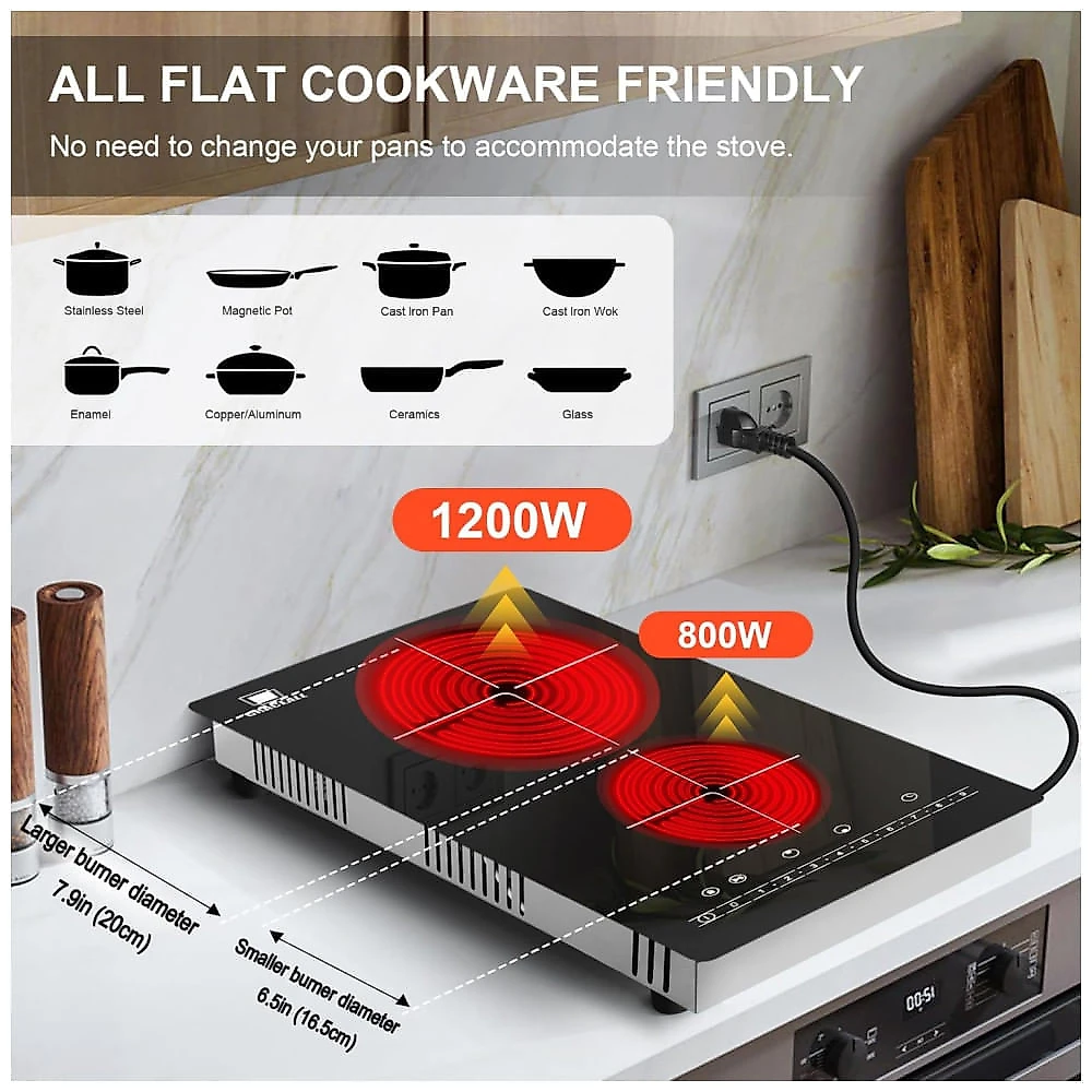 Cooktop Eltrico de Infravermelho Porttil com Queimador Duplo, Placa de Aquecimento de Cermica e Compatvel com Embutido ou Bancada, 110V 2000W, 110v