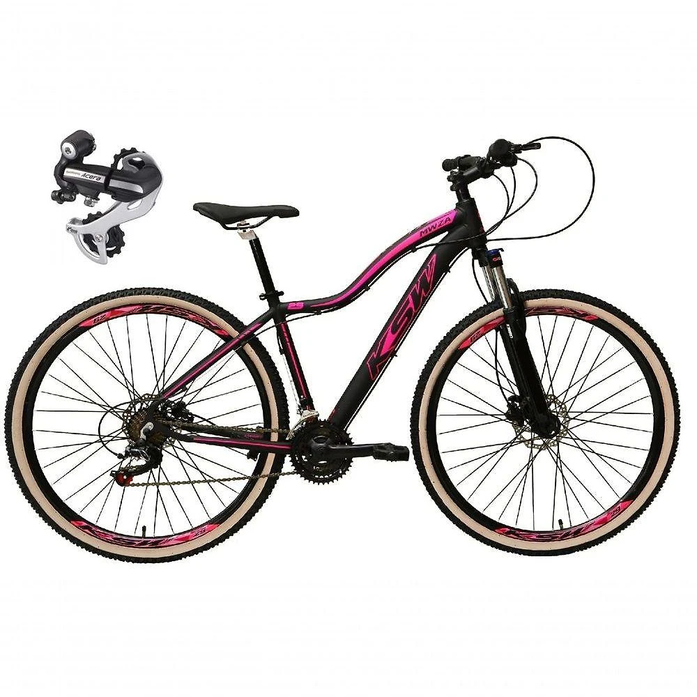 Bicicleta Feminina Aro 29 Ksw Mwza 24v Câmbio Shimano Acera Aluminio K7 Garfo Trava Freio A Disco Preto-Rosa 17