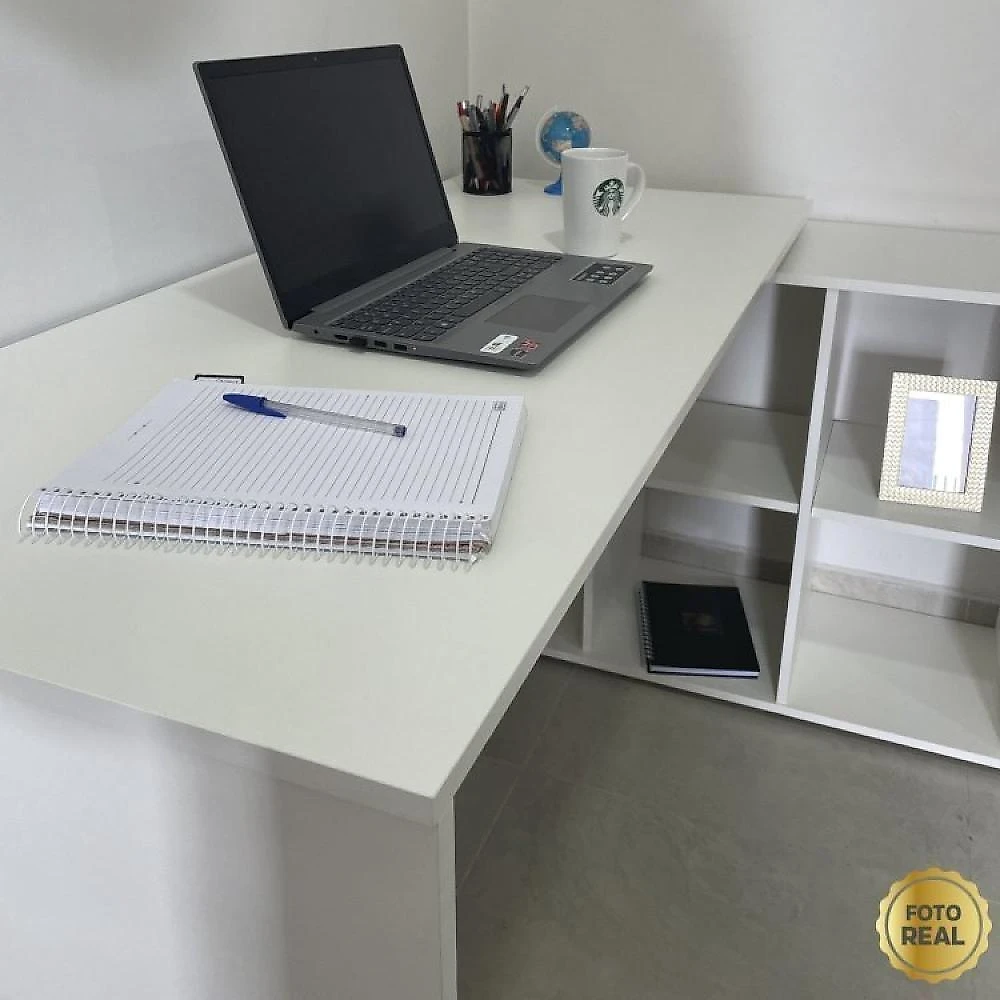 Kit 2 Peças com Escrivaninha em L Cubos e Estante Livreiro Conjunto para Escritório e Home Office com Mesa em L com Nichos e Estante com Nichos Branco