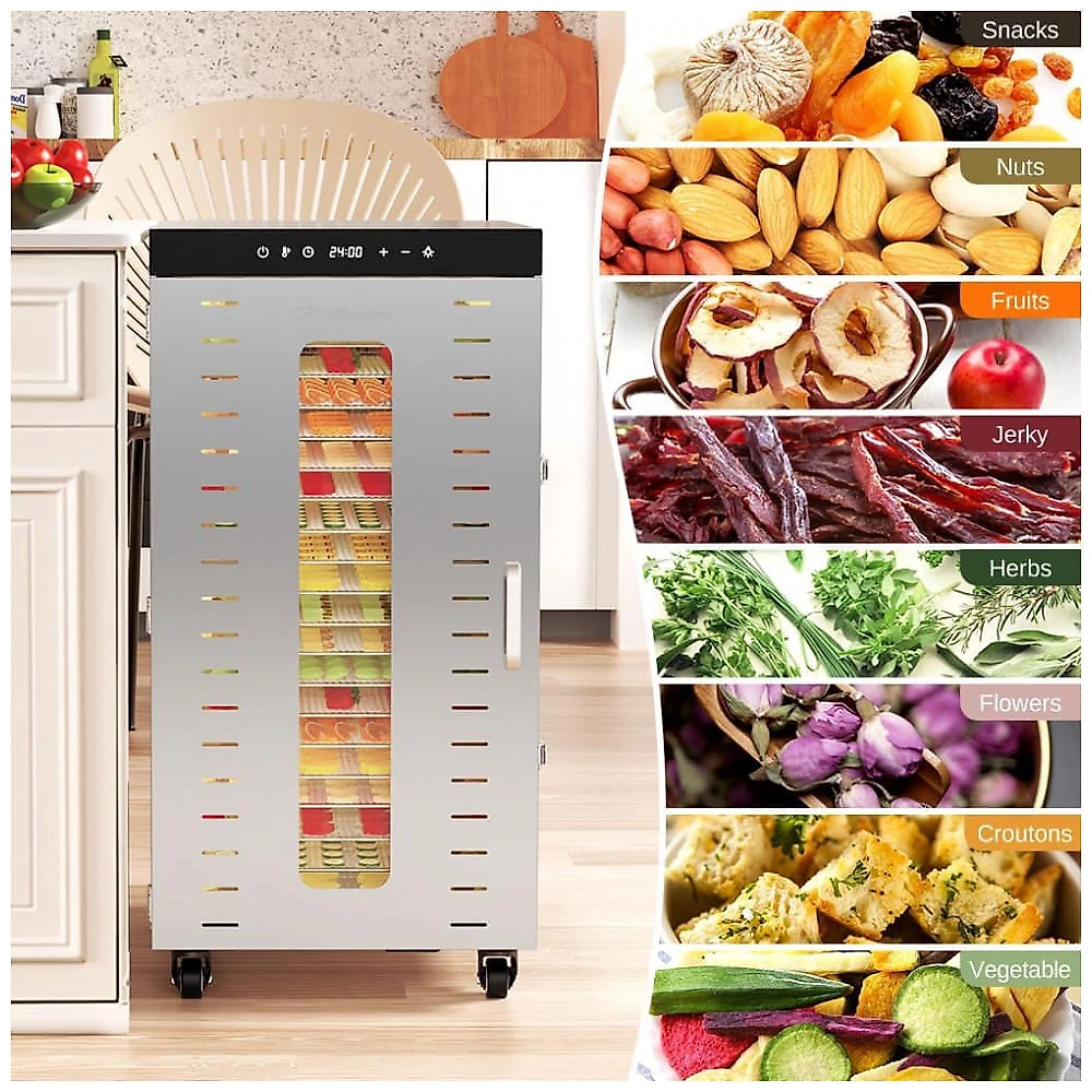 Desidratador de Alimentos BriSunshine 20 Bandejas Aço Inoxidável Comercial 1600W Timer 24h 110V