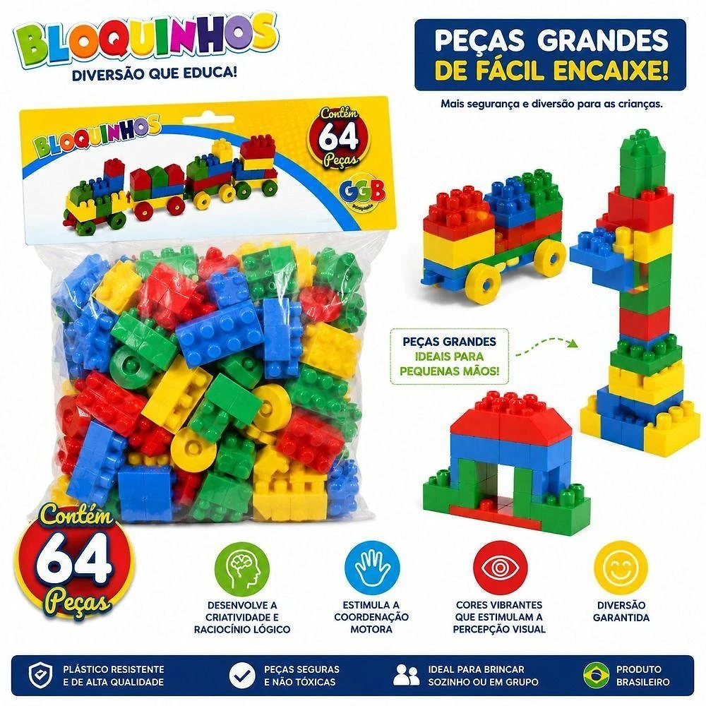 Blocos de Montar Bloquinhos Educativo com Peças Grandes Coloridas GGB Plast 64PEÇAS