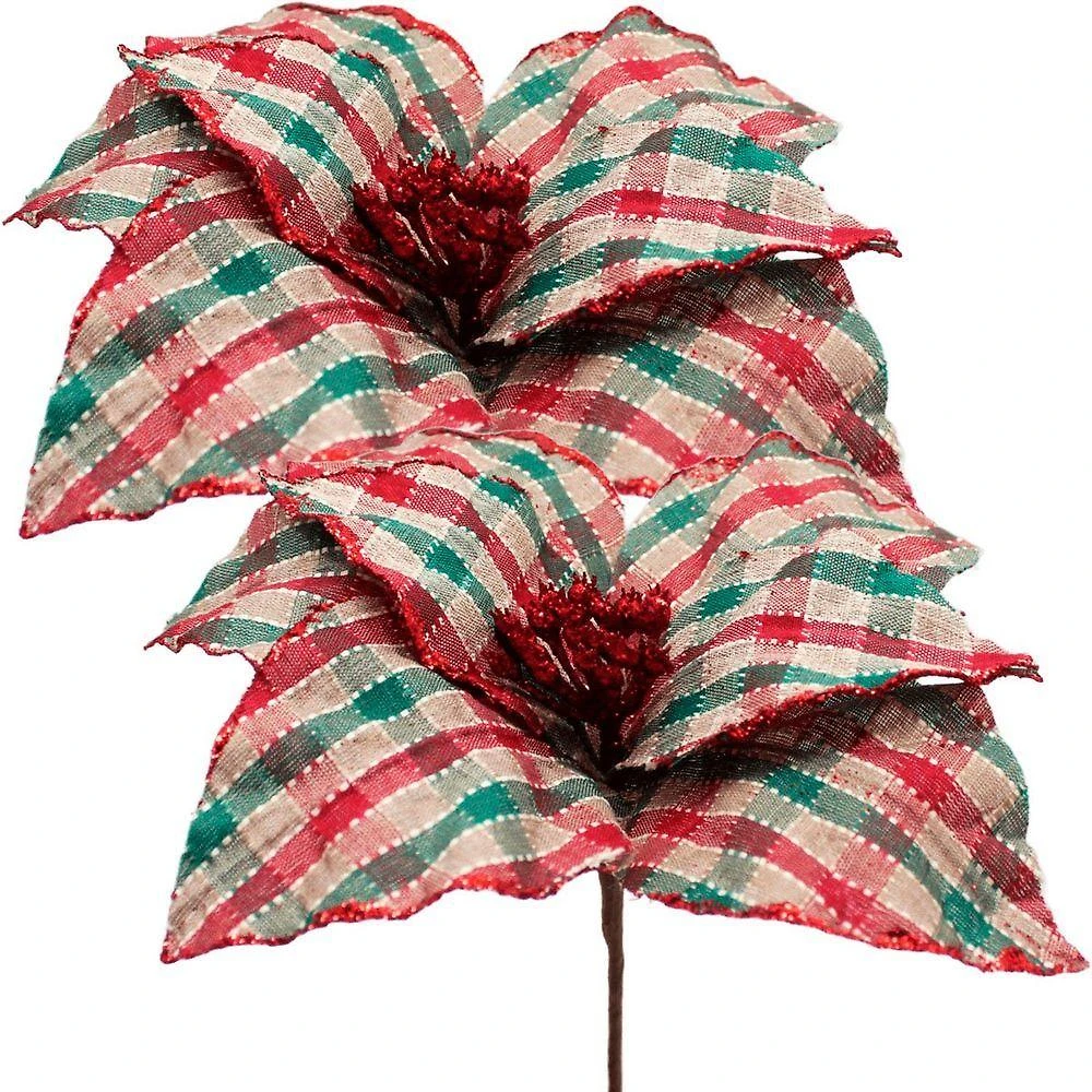Flor Artificial Kit 10 Flores Artificiais Xadrez Glitter Artesanal Natal 30CM com 7 Folhas Vermelho