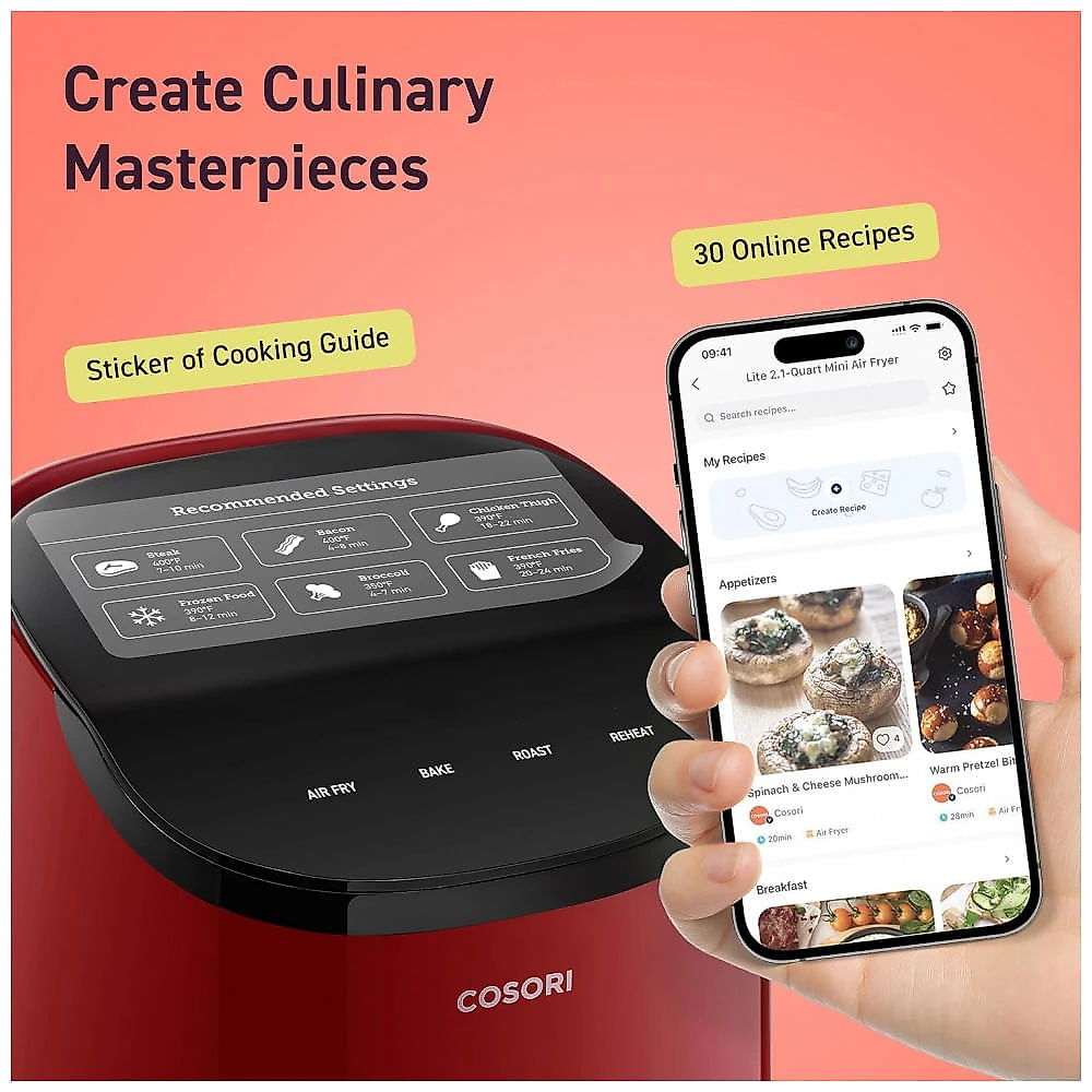 Fritadeira Elétrica Airfryer 2 Litros 4 em 1 com Cesto Antiaderente e Painel Digital, 110V 900W, COSORI, Vermelha