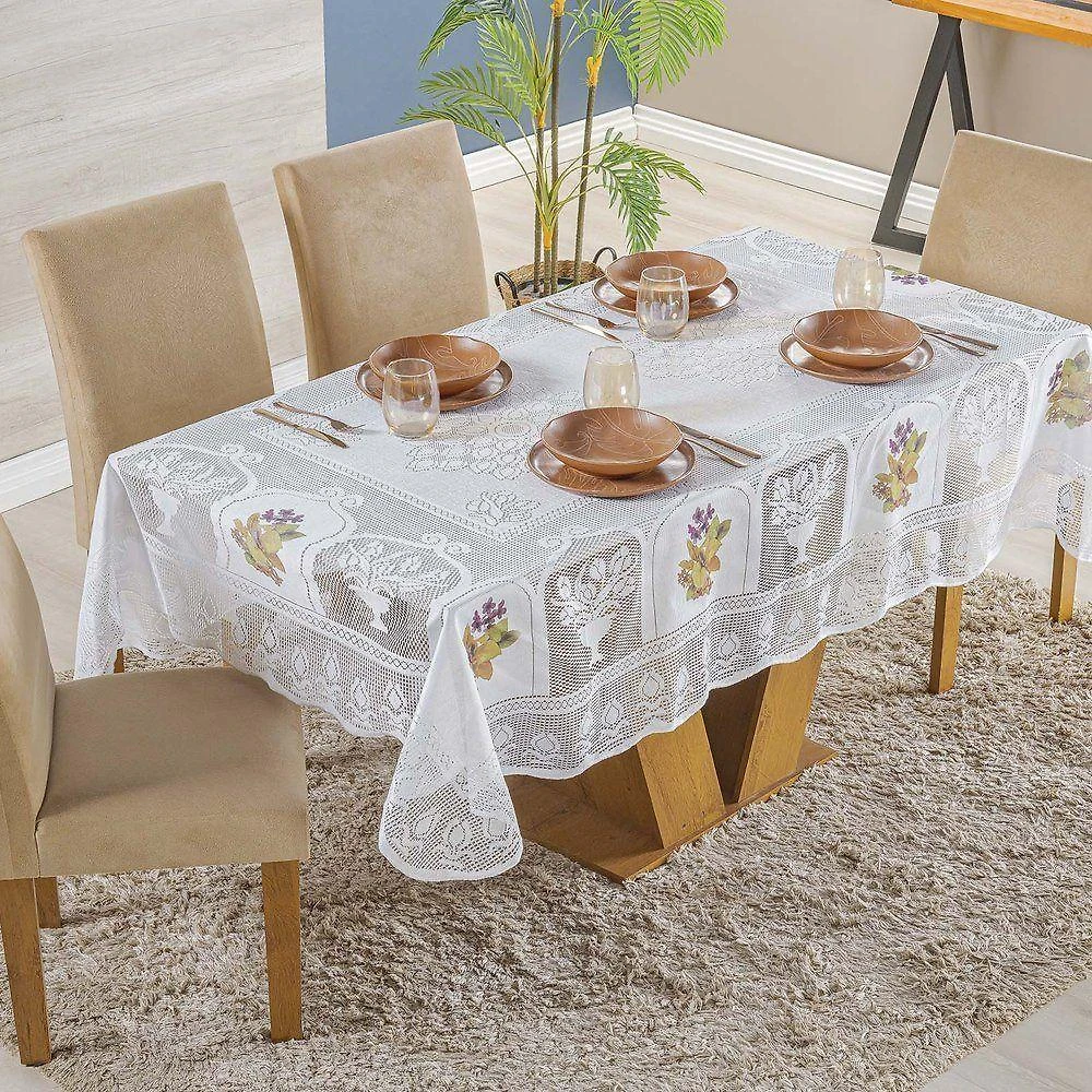 Toalha De Mesa Em Renda Retangular Com Transfer 2,17m X 1,60m 100% Poliéster - Flores
