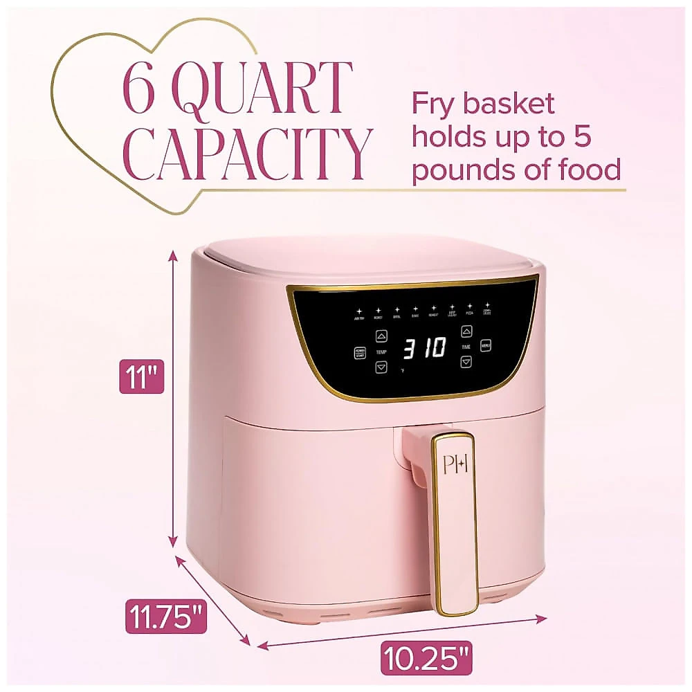 Paris Hilton Air Fryer Rosa, 6 Litros, 8 em 1, Display Touchscreen, Sem PFAS, 1700W, Fácil Limpeza