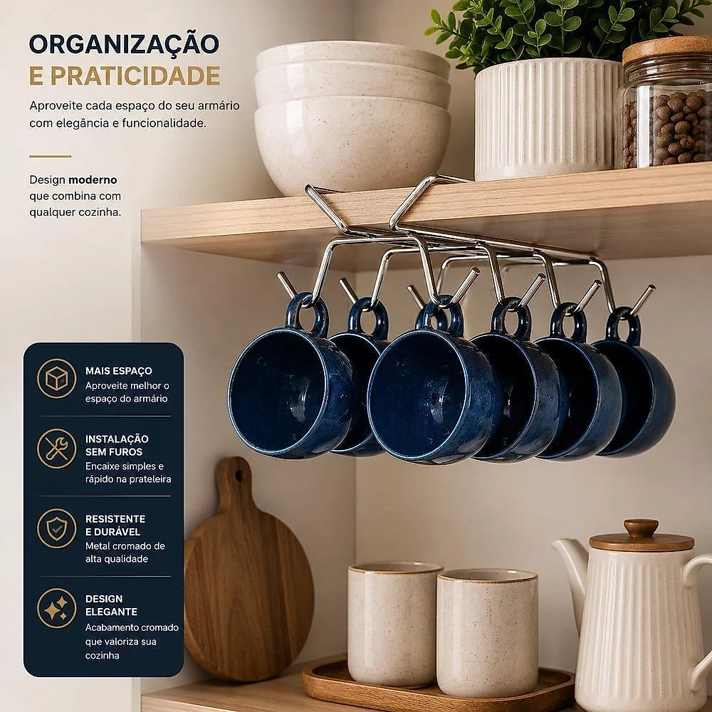Suporte Organizador para Xicaras Canecas Copos com Alca Metal Cromado Encaixe em Prateleira Cozinha