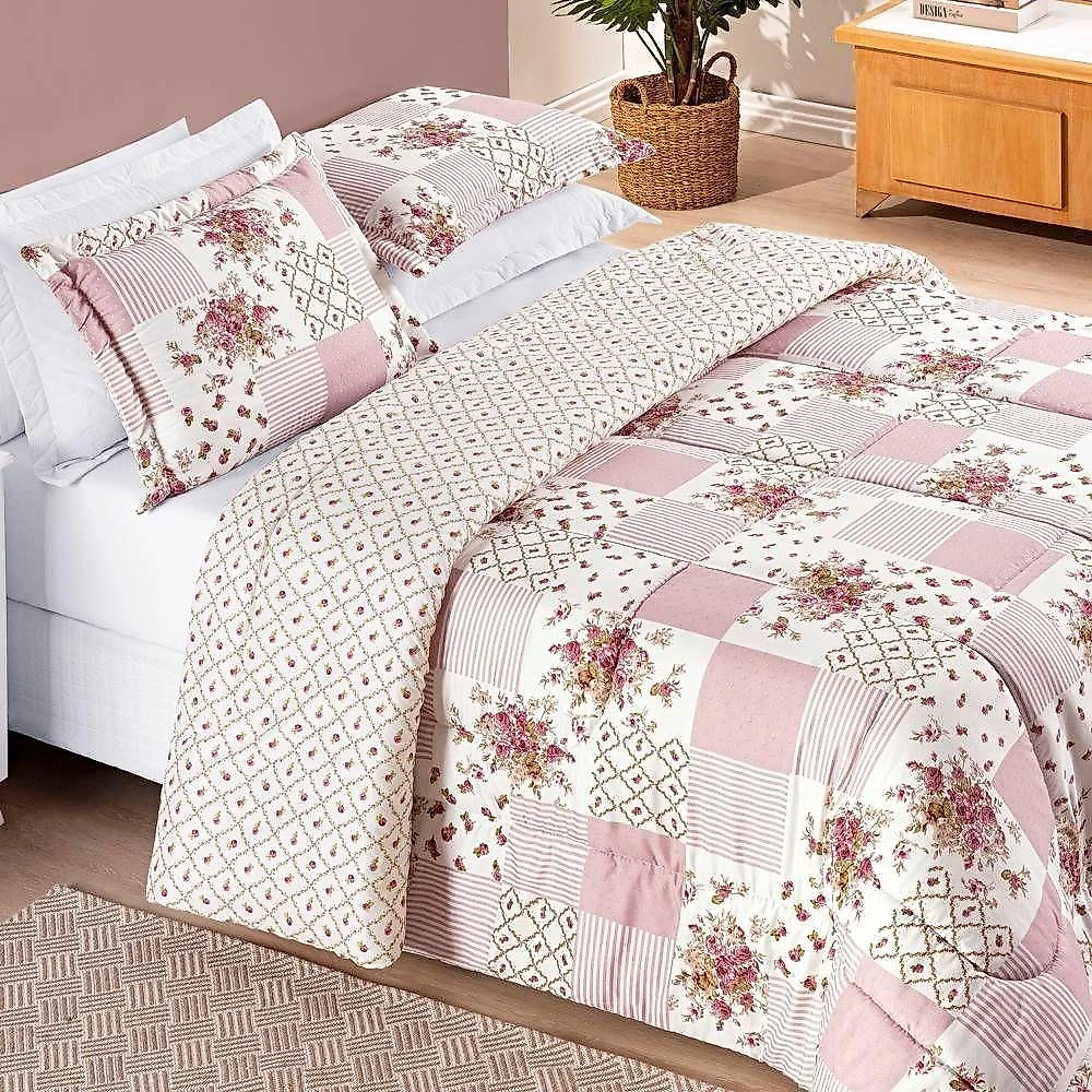 Edredom 2,40m X 2,20m + Jogo De Cama Dupla Face Bouti Queen 07 Peças 100% Poliéster - Rosa Matura