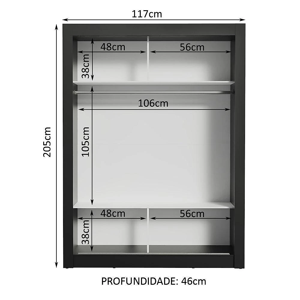 Guarda-roupa solteiro madesa denver 2 portas de correr com espelho preto/branco