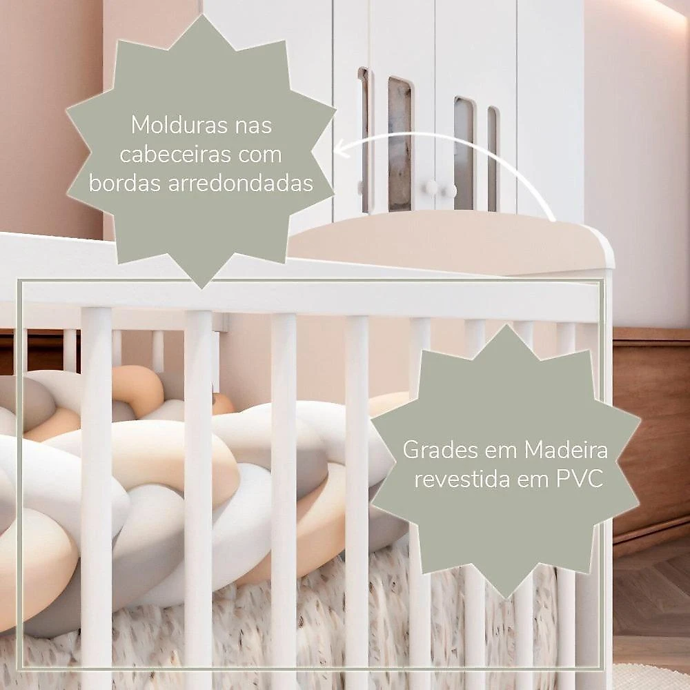 Quarto de Bebe Completo Berço 3 em 1 Eloá e Roupeiro Ariel Branco