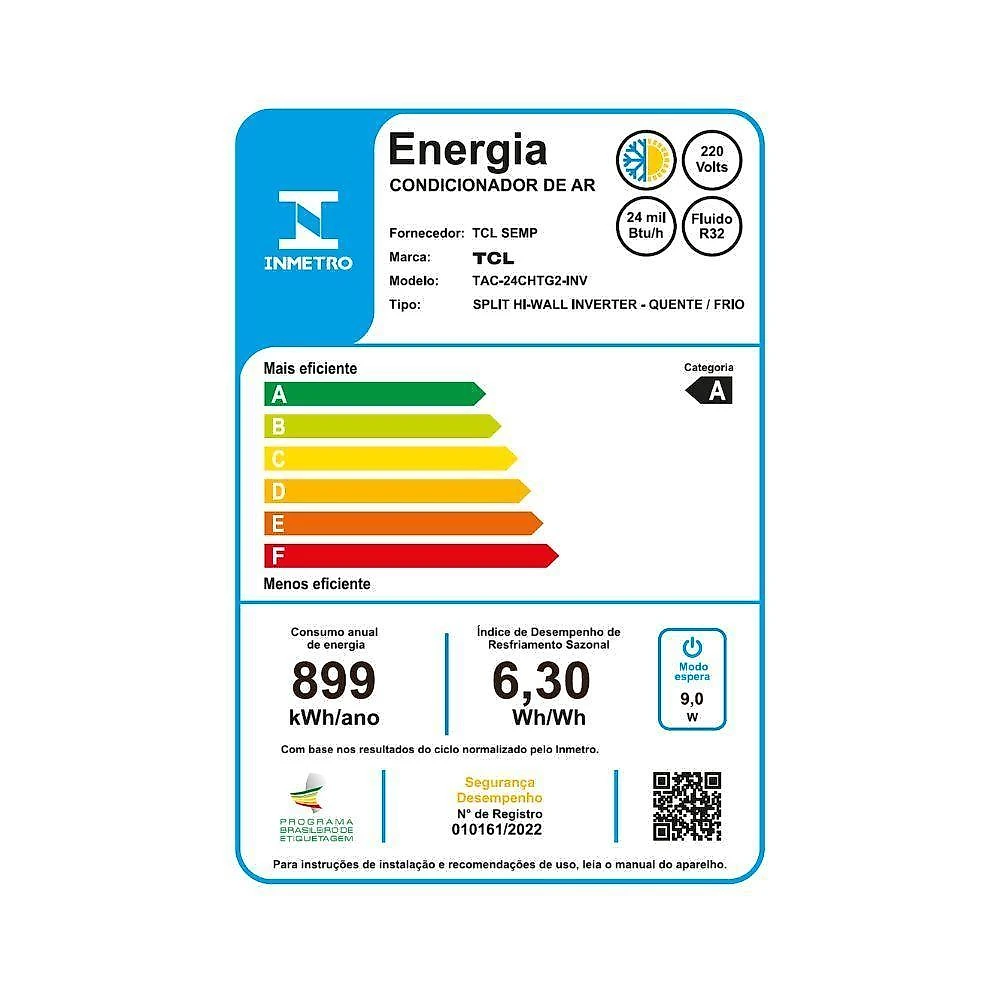 Ar condicionado split inverter tcl t-pro 2.0 24000 btus quente e frio 220v tac-24chtg2-inv