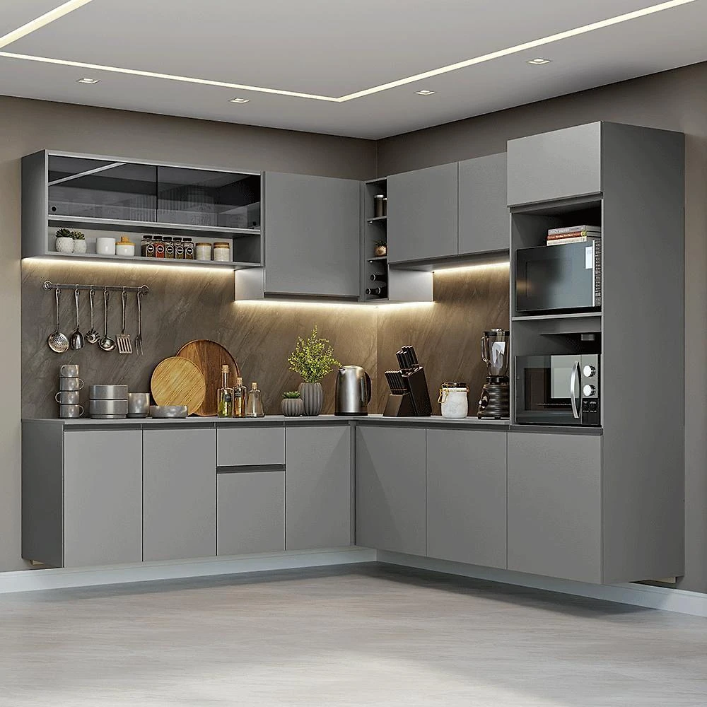 Armário De Cozinha Completa De Canto 445cm Suspensa Cinza Nice Madesa 04 Cinza
