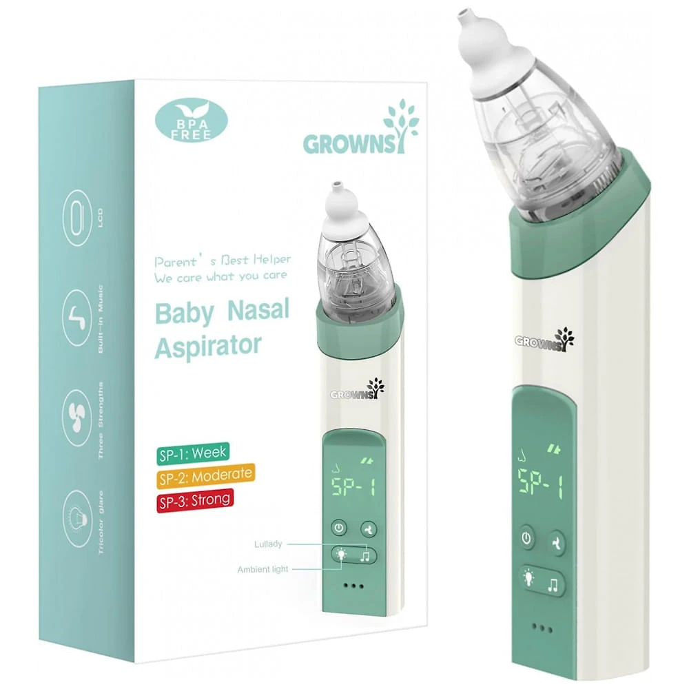 Aspirador Nasal Elétrico para Bebê GROWNSY Recarregável e Automático com 3 Bicos de Silicone, Cinza
