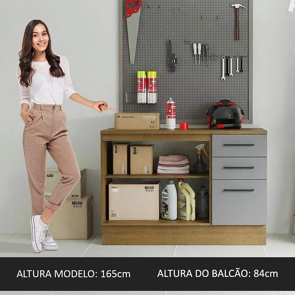 Balcão Multiuso 120cm 2 Portas 3 Gavetas Rustic/Cinza Agata Madesa Rustic/Cinza