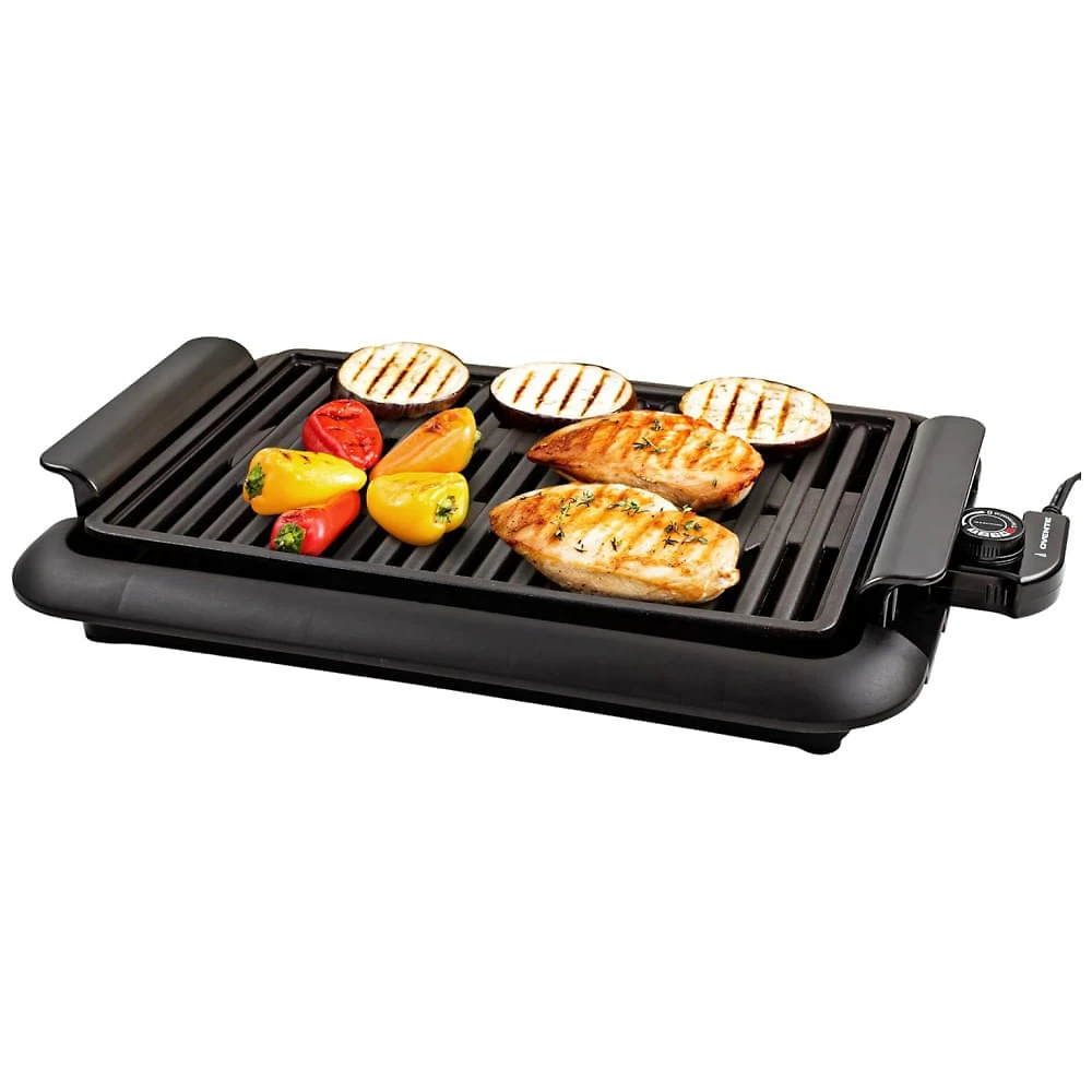 Churrasqueira Elétrica OVENTE com Superfície Antiaderente de 38x25 cm, 1200W, Controle de Temperatura, Placa de Grelhar e Bandeja de Resíduos.