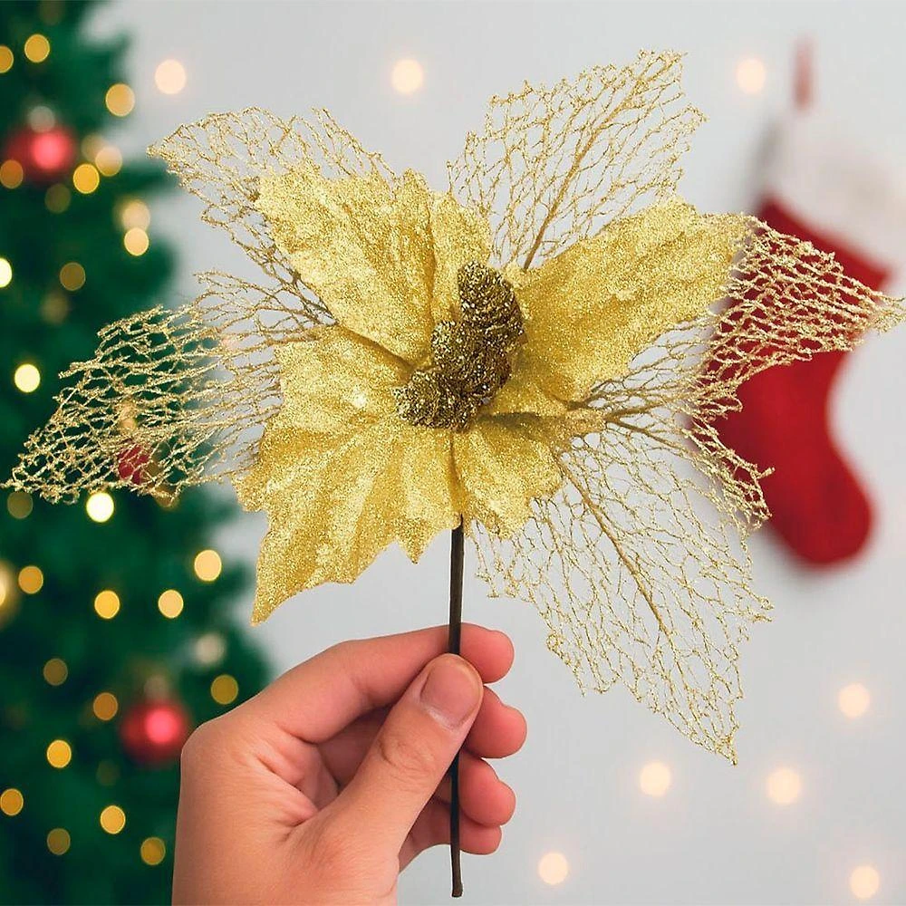 Flores Ramos árvore Natal Com Gliter Dourado 22cm Kit 6pçs