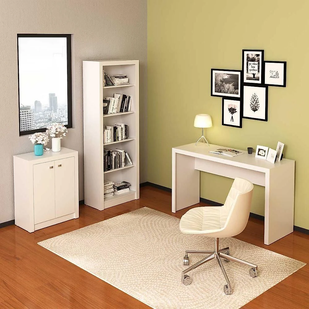 Kit Escritório com Mesa Balcão 2 Portas Estante 5 Nichos MDP Branco Tecno Mobili