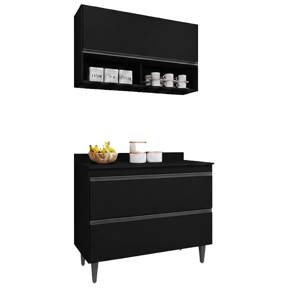Armário Aéreo e Balcão com Tampo 100CM MDP Basculante Preto Milani Movelaria