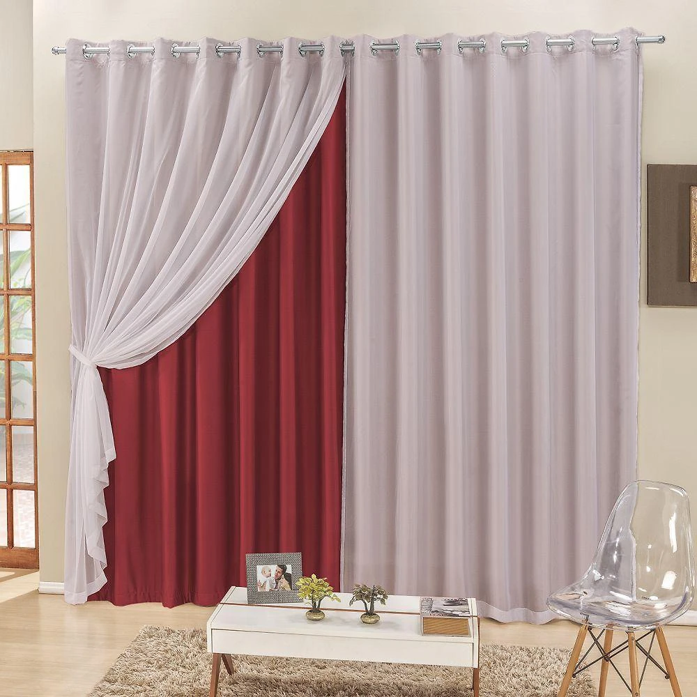 Cortina 4 Mts Sala Quarto Voal E Semiblackout Para Trilho Comum Vermelho
