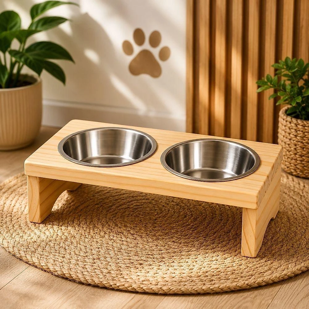 Comedouro e Bebedouro Duplo Tratador Pet com Suporte de Madeira Tratada para Cachorros e Gatos