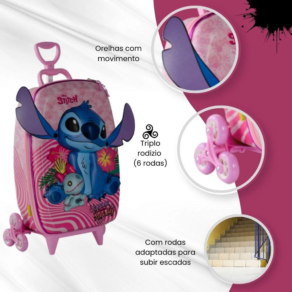 Mochila Infantil Escolar com Rodinhas OEM Stitch 3D EVA e Poliéster Rosa para Crianças