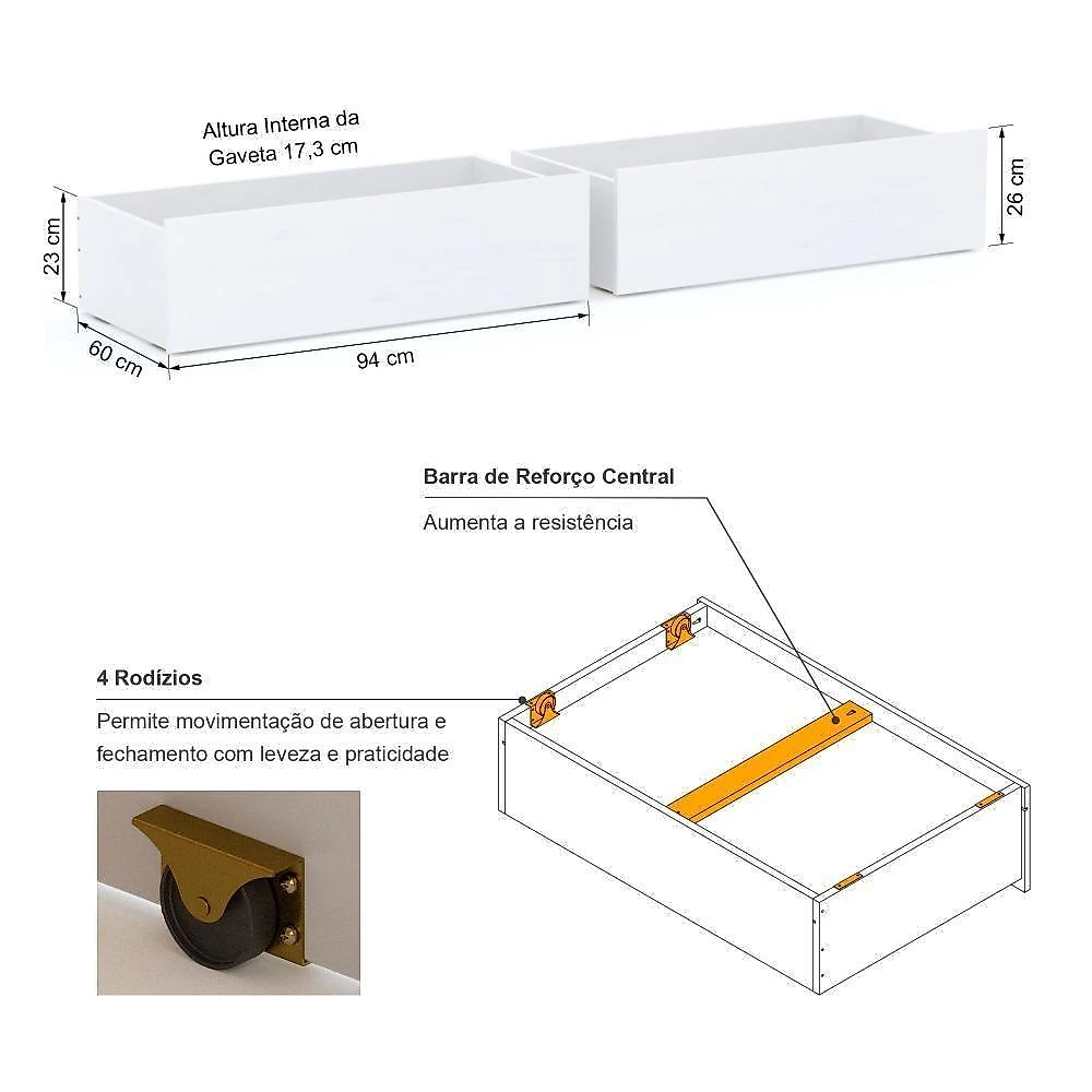 Beliche Solteiro Slim Com 02 Gavetas Madeira Maciça Branco Housin
