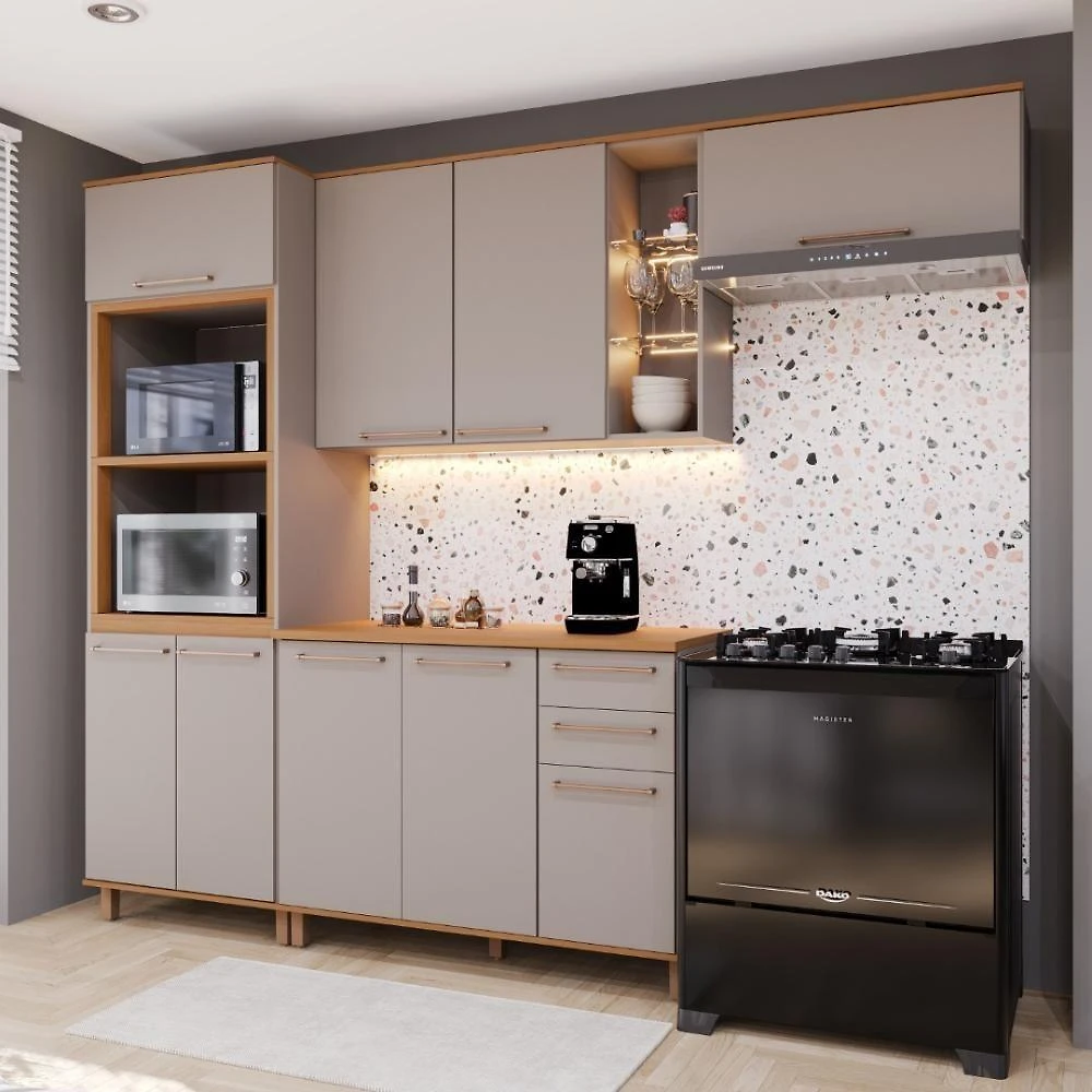 Cozinha Compacta Modulada Berlim 9 Portas 2 Gavetas MDF-MDP 270CM Marrom Fidelita Móveis